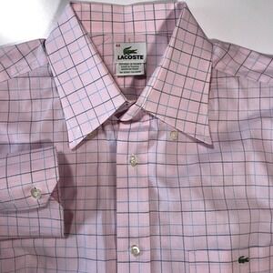 Lacoste Alligator Mens Button Down Shirt Pink Blue‎ Windowpane Long Sleeve 44 XL
